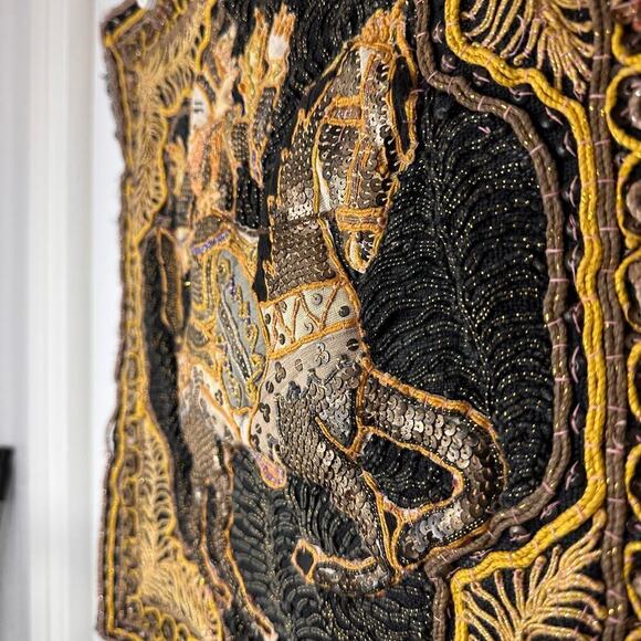 Antique Burmese Kalaga Embroidered Hand Sewn Horse Tapestry Flawed - Picture 8 of 14